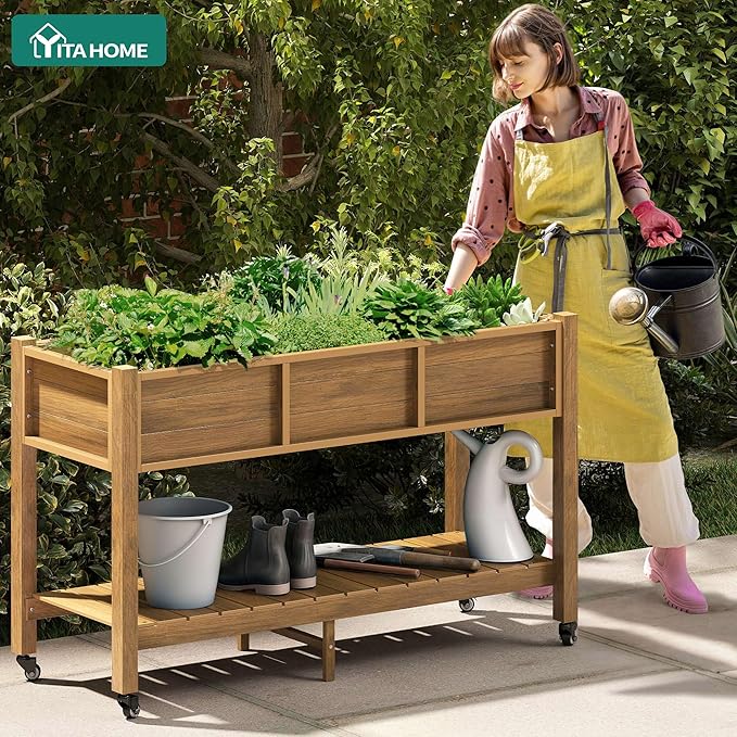 YITAHOME Raised Garden Bed HDPE, 47x18x31In Raised Flower Bed Poly-Wood Weather-Resistant Elevated Planter Box with Lockable Wheels & Storage Shelf for Vegetable Flower, Brown