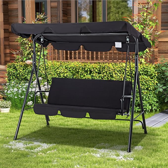 AECOJOY Porch Swing with Stand, Outdoor Swings for Adults, 3-Seat Outdoor Swing with Canopy, Outside Swing Bench with Removable Cushion, Suitable for Backyard, Garden, Yard, Poolside, Balcony (Black)