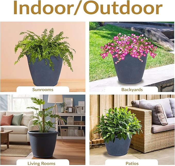 Sunnydaze 24-Inch Anjelica Large Plastic Pot for Plants - Outdoor Double-Walled Large Plastic Planter with Drillable Drainage Holes - Slate - 4pk