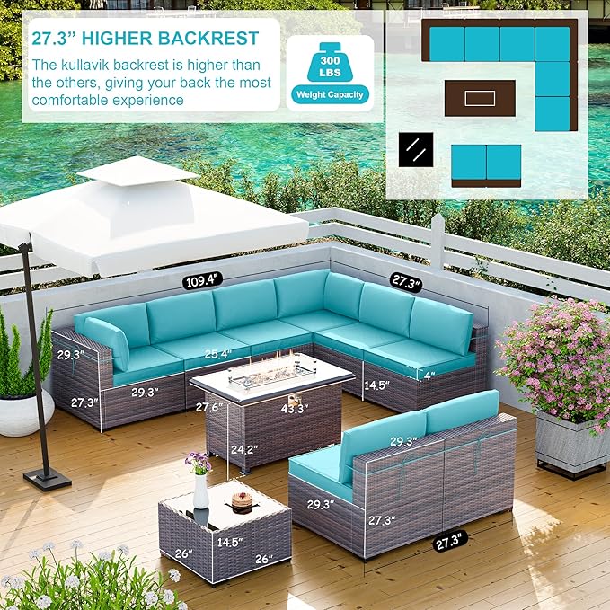 Kullavik 10 Pieces Outdoor Patio Furniture Set with 43" 55000BTU Gas Propane Fire Pit Table PE Wicker Rattan Sectional Sofa Patio Conversation Sets,Blue