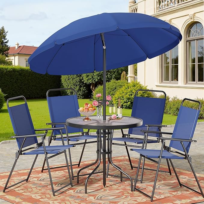 Shintenchi 6 Piece Patio Dining Set with Umbrella, Outdoor Furniture Set with 4 Folding Chairs and Tempered Glass Top Dining Table fot Lawn Backyard Garden Porch Blue