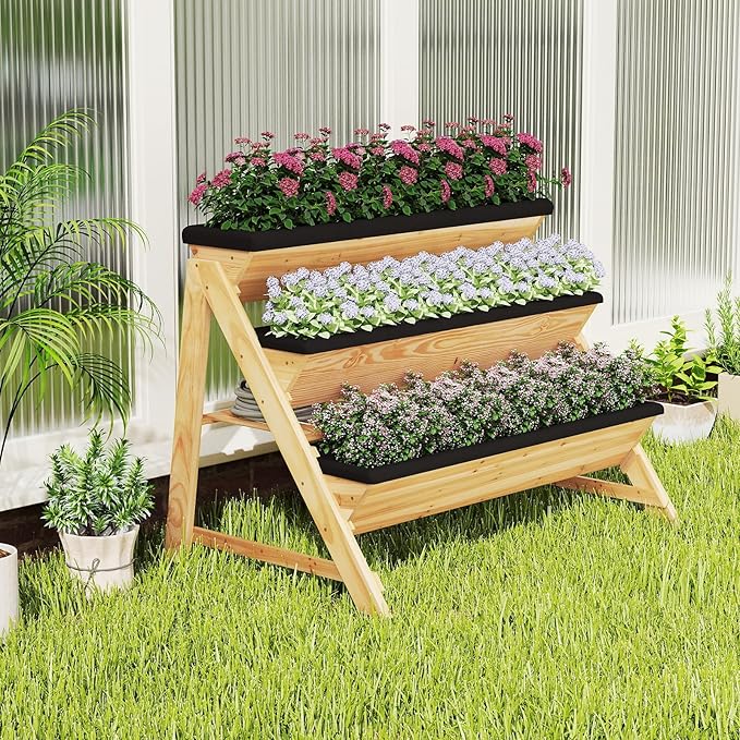 Giantex 3-Tier Vertical Raised Garden Bed, Wood Elevated Planter Box with Legs, Storage Shelf, Liners for Growing Vegetables Herbs Flowers, Indoor Outdoor Freestanding Raised Bed for Patio (Natural)