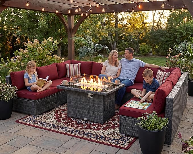 NICESOUL 9 Piece Plus Size Outdoor Patio Conversation Set with Firepit Natural Gas/Propane, 29.3'' High Back Modular Sectional Sofa Sets, Heavy Duty Backyard Furniture, 2 Color Cushion Red & Grey
