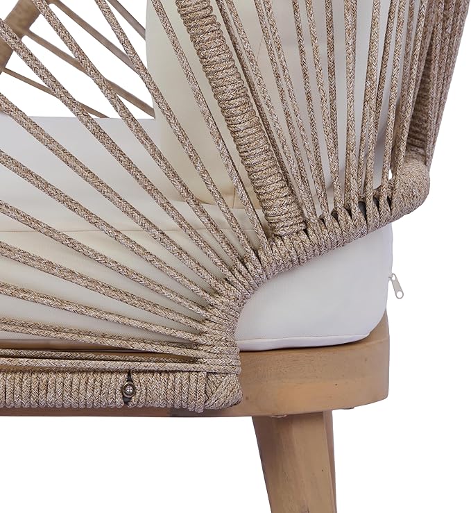 Merax 2-Piece Acacia Wood Patio Set - Curved Tub Loveseat & Slatted Coffee Table with Woven Rope Accents & Weather-Resistant Cushions for Deck, Porch or Garden,Teak+ Beige