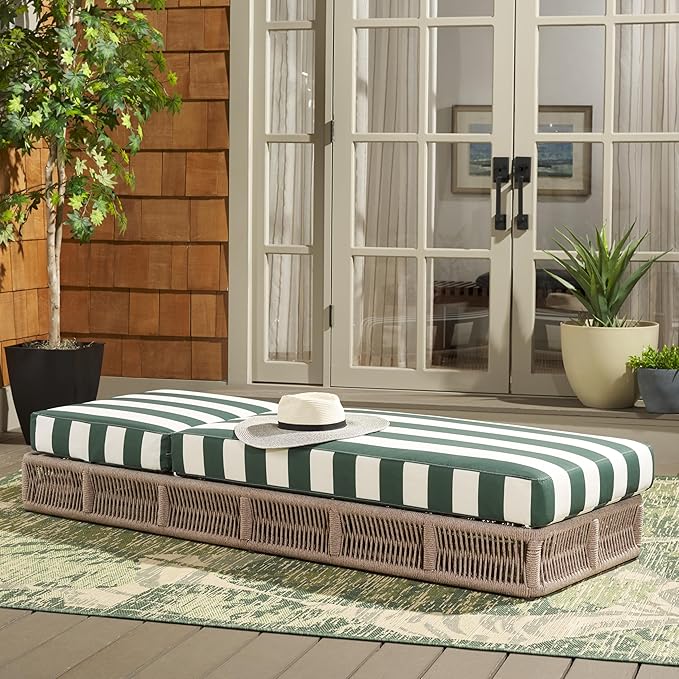 SAFAVIEH Outdoor Collection Gillian Heather Tan & Hunter Green Stripe Chaise Lounge Chair (Fully Assembled)