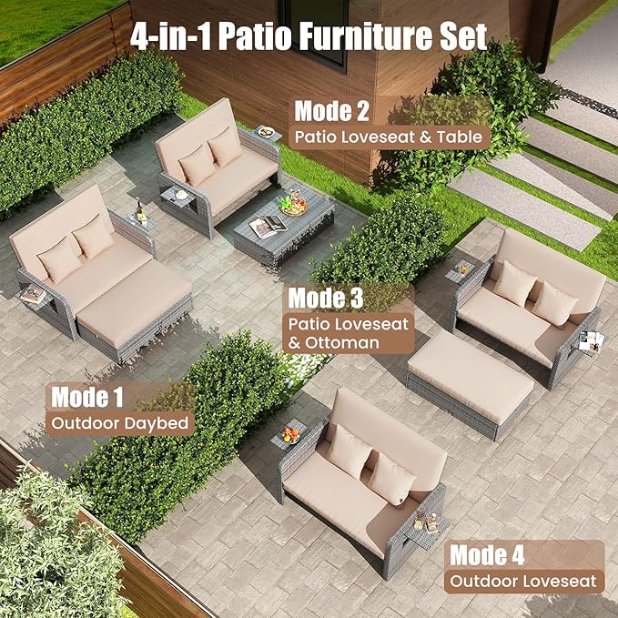 Tangkula Patio Rattan Daybed with 4-Level Adjustable Backrest, Outdoor PE Wicker Loveseat with Storage Ottoman & Folding Side Table, Double Sunbed for Balcony, Backyard & Poolside, Beige & Grey
