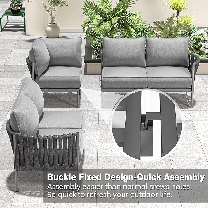 Outdoor Patio Furniture, 6 Pieces Outdoor Sectional L-Shaped Sofa Patio Conversation Sets, Patio Furniture Set with Thick Cushions and Coffee Table for Garden, Poolside, Backyard, Grey