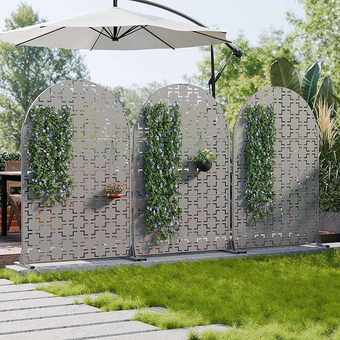 Casaphoria 72" H x 47" W Arched Metal Privacy Screen - Elegant Freestanding Outdoor Screen for Deck, Patio & Balcony - Versatile Decorative Privacy Panels for Home & Garden Use (Grey-Square)
