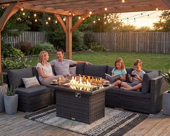 NICESOUL Extra Large Rattan Patio Furniture Set with Gas/Propane Fire Pit Table, 29.3'' High Back Comfy Outdoor Sofa Conversations, 7 Piece Moden Deep Wide Seated Sectional Couch for Backyard, Gray