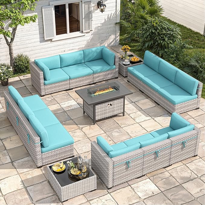 12-Seat Modern Outdoor Wicker Rattan Patio Furniture Set with 55,000 BTU Fire Pit Table, Thick 4″ Cushions, All-Weather Dual-Strand Rattan, Rust-Resistant Steel Frame,Blue