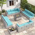 12-Seat Modern Outdoor Wicker Rattan Patio Furniture Set with 55,000 BTU Fire Pit Table, Thick 4″ Cushions, All-Weather Dual-Strand Rattan, Rust-Resistant Steel Frame,Blue