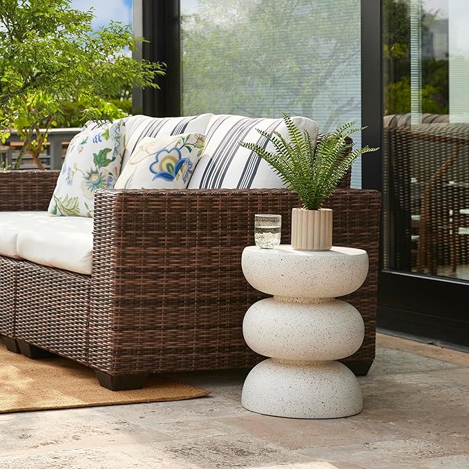 Glitzhome Outdoor Side Table, 18" H Decorative Garden Stool MGO Faux Terrazzo End Table, Heavy Duty Indoor Outdoor Round Planter Stand for Living Room Bedroom Patio Deck Poolside,White