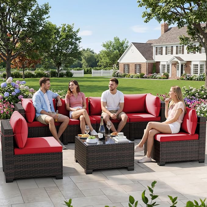 LEVELEVE 7 Pieces Outdoor Patio Furniture Sets,Rattan Conversation Sectional Set,Manual Weaving Wicker Patio Sofa with Tea Table
