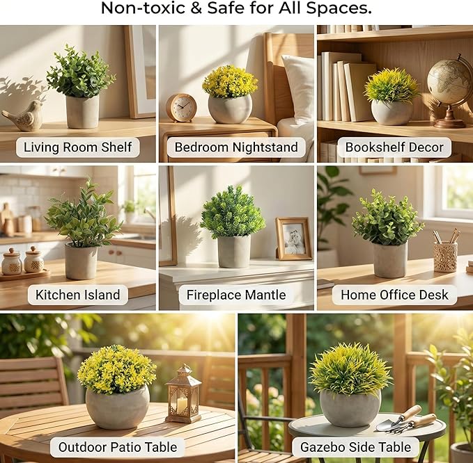 Fake Plants, 5 Pack Artificial Eucalyptus & Greenery in Cement Pots - Small Potted Faux Plants for Indoor Outdoor Shelves, Desk, Table, Farmhouse Bathroom, Office & Modern Home Decor