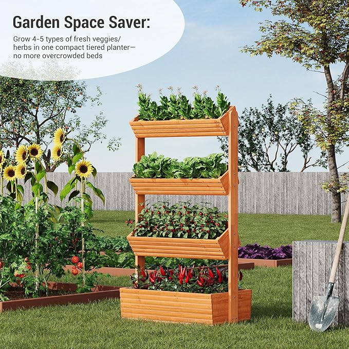 Vertical Wooden Raised Garden Bed Planters Wood Planter Kit Plant Stand Flower Rack Planter Box Gardening for Plants Herbs Flowers Vegetables Outdoor Indoor Freestanding (Orange 4-Tier)