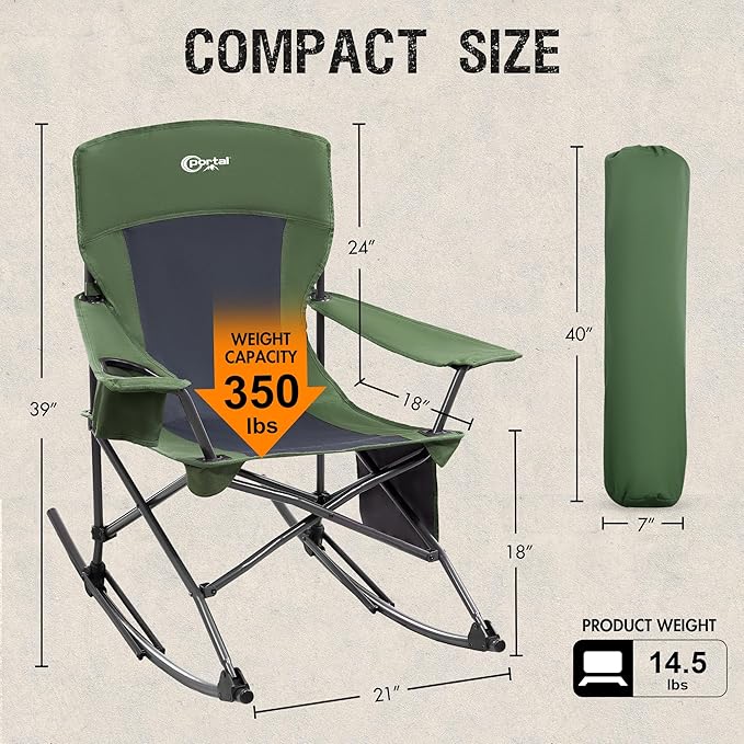 Portal Outdoor Rocking Chair Camping Folding Portable Rocker with Cup Holder Side Pocket Carry Bag, Support 350LBS (Green)