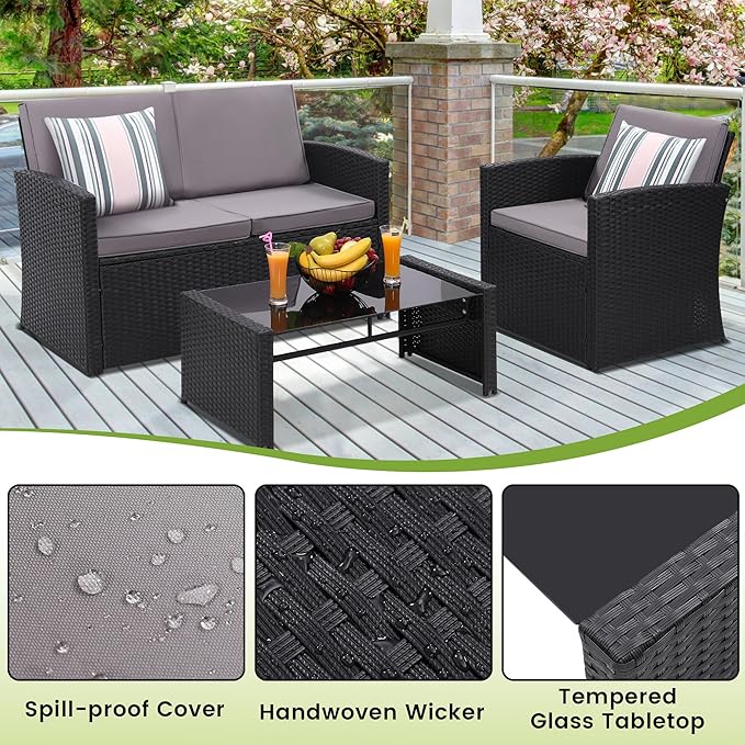 4-Piece Patio Furniture Set, Wicker Outdoor Rattan Sectional Sofa with Cushions and Glass Table, All-Weather Outdoor Conversation Set, Ideal for Garden, Porch, Backyard, Grey