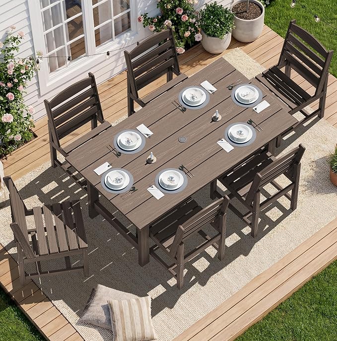 SERWALL Patio Dining Sets for 6 Person, HDPE Dining Set with 6 Armless Chairs, Coffee