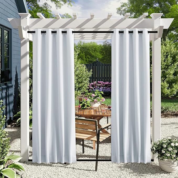 NICETOWN 2 Panels Outdoor Curtains for Patio Waterproof Grommet & Back Tab on Top and Bottom, Windproof Privacy Sound & Light Reducing for Cabana with Fixed Rope, W46 x L72, Greyish White