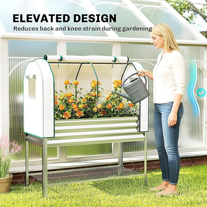 Outsunny Galvanised Raised Garden Bed with Greenhouse Cover, Metal Elevated Garden Bed with Legs, Bed Liner and Bottom Shelf, Outdoor Raised Planter Box for Vegetables, Herbs, Flowers, Silver