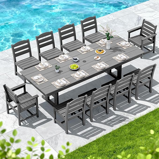 SERWALL 11 Piece Outdoor Dining Set, 84" HDPE Outdoor Table and Chairs for 10，All Weather Patio Furniture Set with Umbrella Hole for Backyard, Garden, Gray
