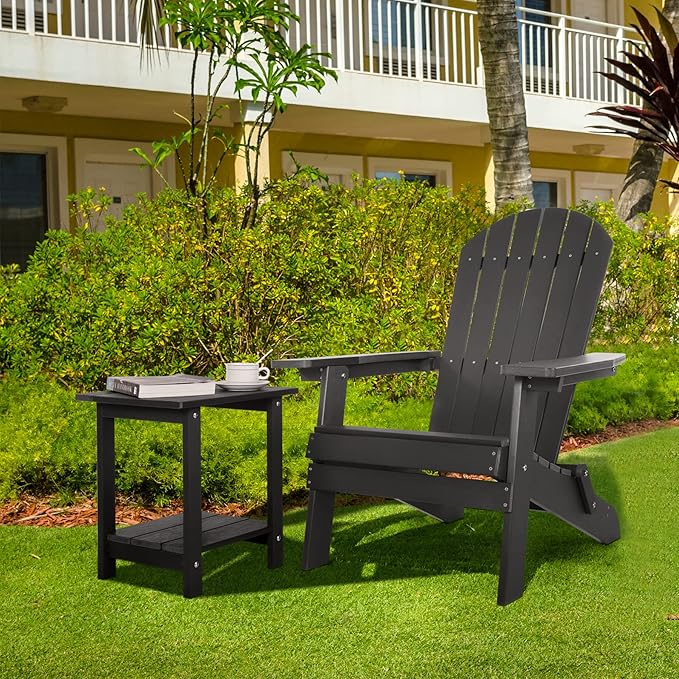 Double Adirondack Side Table Weather Resistant, Outdoor Rectangular End Table for Adirondack Chair, Black with Wood Grain