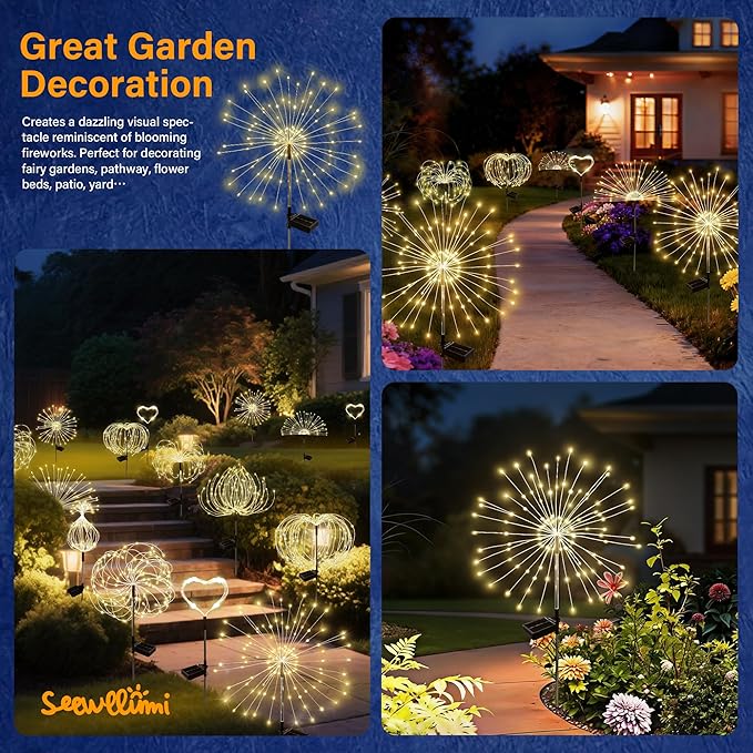 Solar Garden Lights Outdoor Decorative, 4pack 120 LED Firework Lights Waterproof，Solar Fairy Lights for Outside,Garden,Yard, Patio,Pathway,Flowerbed,Party(Warm White)