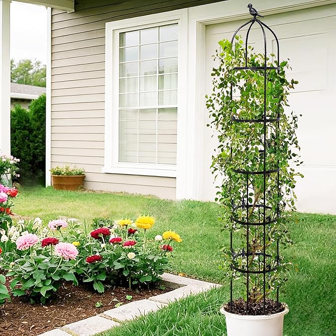 2-Pack 6.7FT Garden Obelisk Trellis for Climbing Plants,Adjustable 5-Tier Metal Plant Support,Rustproof Outdoor Plant Tower with 3 Decorative Tops for Roses,Tomatoes,Clematis & Vines,Black