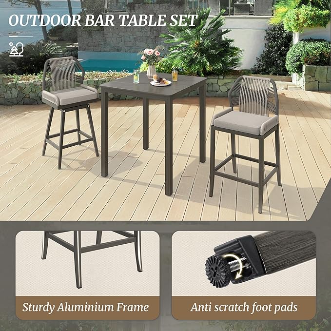 Outdoor Bar Table, 32" Square Patio Bar Height Counter Pub Table, Waterproof Aluminum Top, Weather Resistant, Balcony, Yard, Indoor or Outdoor Use, Slate Gray