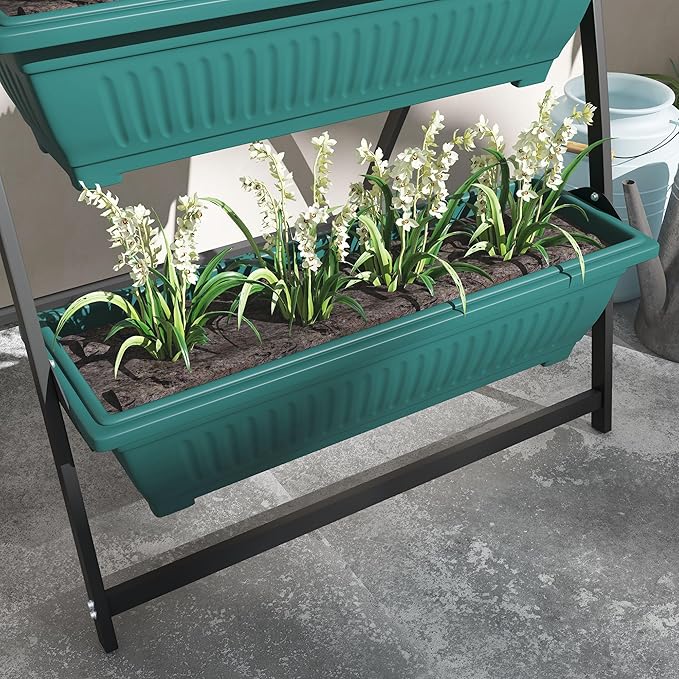 Outsunny Raised Garden Bed, 4 Tier Vertical Garden Planter Set, 4 Outdoor Planter Boxes with Stand, Self Draining Design Elevated Garden for Vegetable, Flowers & Herbs, Green