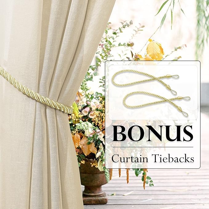 RYB HOME Outdoor Linen Curtains for Porch Waterproof Light & Airy Faux Linen Textured Drape for Balcony Backyard Cabana, 52 Inch Wide by 96 Inch Length, Beige, 2 Pieces