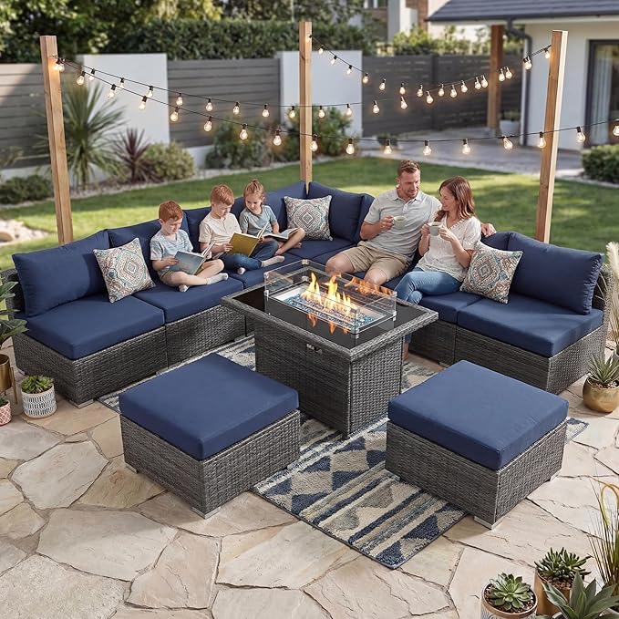 NICESOUL 10 Piece L-Shaped Outdoor Furniture Conversation with Fireplace Natural Gas/Propane, 29.3'' High Back Oversized Rattan Sofa Couch, Wide Deep Seated Patio Sectional, 2 Color Cushion Navy&Grey