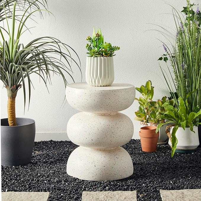 Glitzhome Outdoor Side Table, 18" H Decorative Garden Stool MGO Faux Terrazzo End Table, Heavy Duty Indoor Outdoor Round Planter Stand for Living Room Bedroom Patio Deck Poolside,White