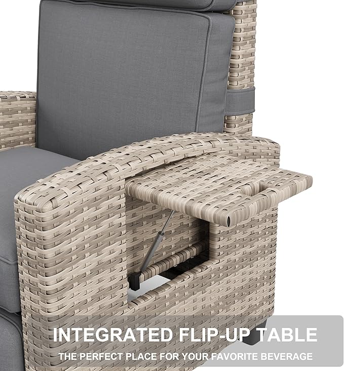 Towallmark Adjustable Rattan Recliner Chair, Patio Lounge Chairs with Cushion, Outdoor Porch Chaise with Flip Up Side Table & Footrest for Porch, Outside Balcony, Deck