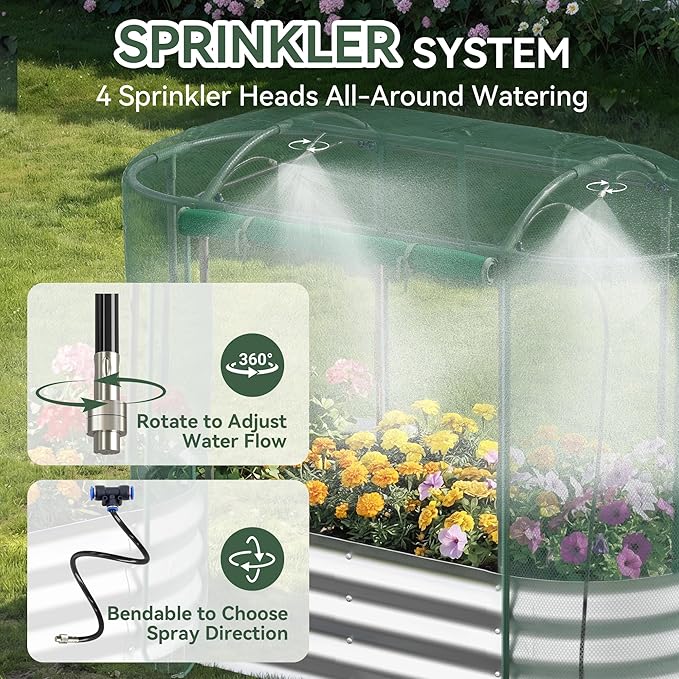 Raised Garden Bed with Sprinkler Timer and Self-Watering System, 4x2x1 ft Elevated Planter Boxes Outdoor with Mesh Cover, Galvanized Raised Beds for,Vegetables,Flowers, Backyard, Patio