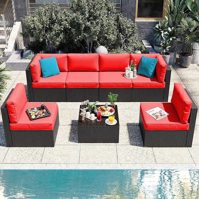 Vongrasig 7 Pieces Patio Furniture Sets, Outdoor All-Weather Wicker Patio Conversation Sets, L-Shaped Rattan Sectional Patio Sofa with Glass Table for Backyard, Red