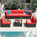 Vongrasig 7 Pieces Patio Furniture Sets, Outdoor All-Weather Wicker Patio Conversation Sets, L-Shaped Rattan Sectional Patio Sofa with Glass Table for Backyard, Red
