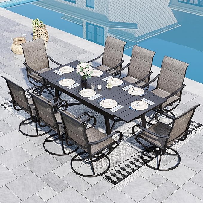 Sophia & William 9-Piece Patio Dining Set – 8 Swivel Chairs with Breathable Textiline Fabric & 84" Extendable Metal Table for Outdoor, Garden, Backyard