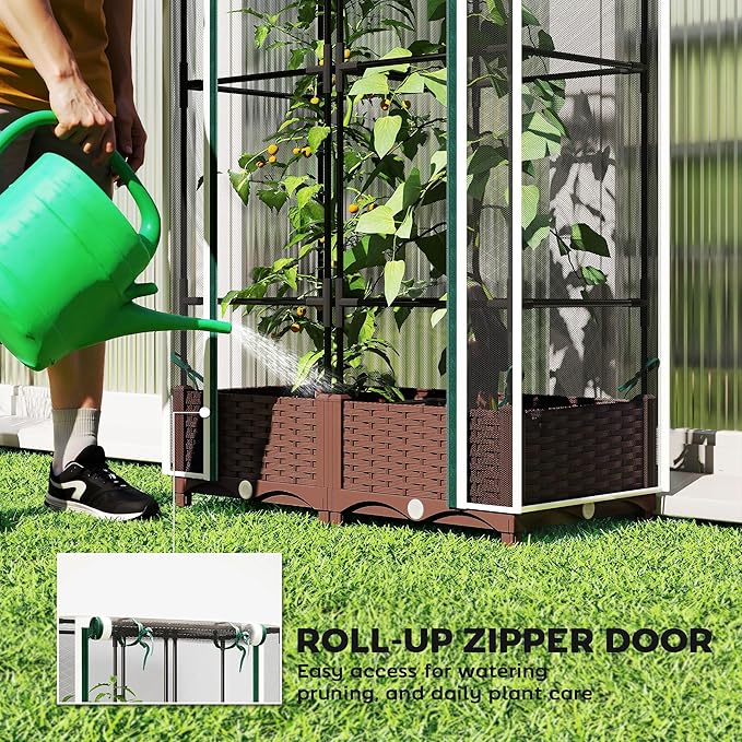 Outsunny Raised Garden Bed with Trellis, 46.5" Tomato Cage with Crop Cage, Self Watering Planter Box with Drainage Holes and Plugs for Outdoor Patio Climbing Plants, Vines, Vegetables, Flowers, White