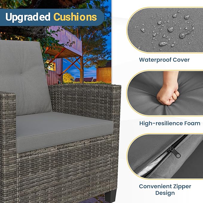 Wisteria Lane 4 Piece Patio Furniture Set, Wicker Outdoor Patio Conversation Furniture Set, All Weather Outdoor Patio Sofa with Cushion and Wood Table, Grey Wood