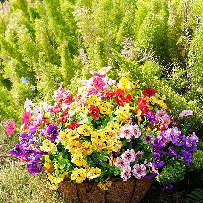 Artificial Flowers for Outdoor, UV Resistant Fake Silk Flowers, Realistic Faux Plants for Outside Indoor Porch Patio Window Box Planter Home Decor (20, Yellow Purple Rosy Red Blue)