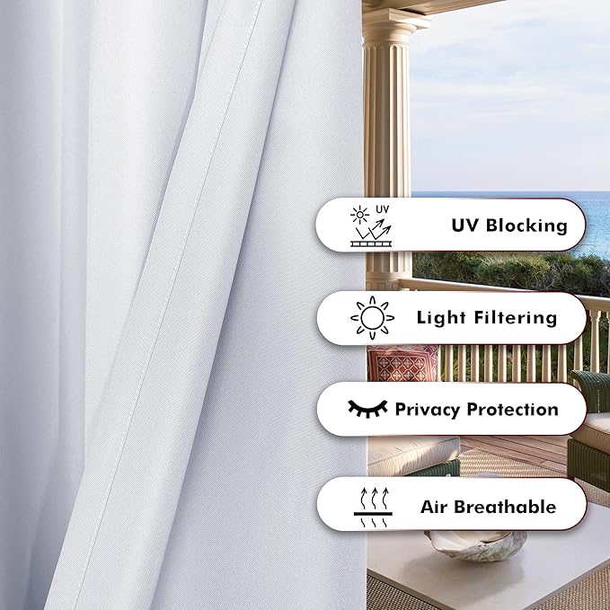 BONZER Outdoor Curtains for Patio Water Resistant Heavy Privacy Light Filtering Grommet Outside Curtains for Porch, Pergola, Gazebo, 1 Panel, 84W x 120L inch, White