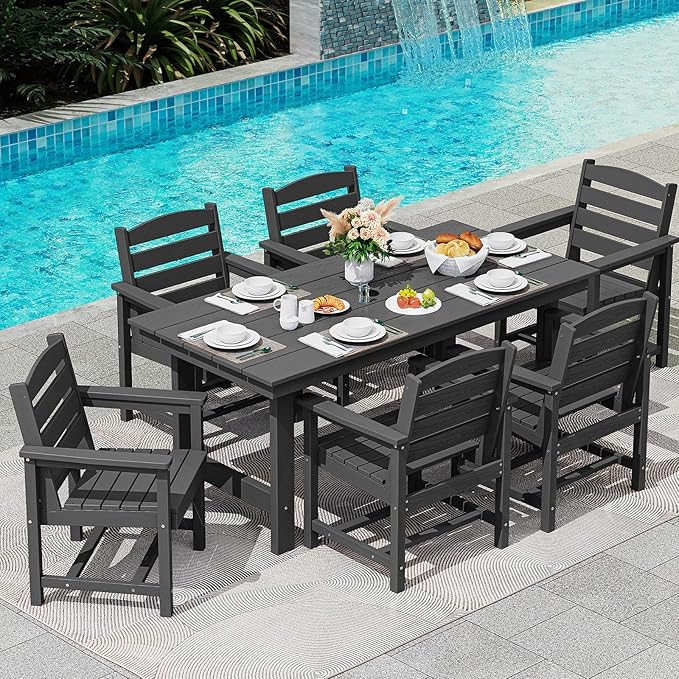 SERWALL 6-Person Outdoor Dining Table - 67" Rectangle HDPE Patio Table with Center Umbrella Hole, Weatherproof, Black