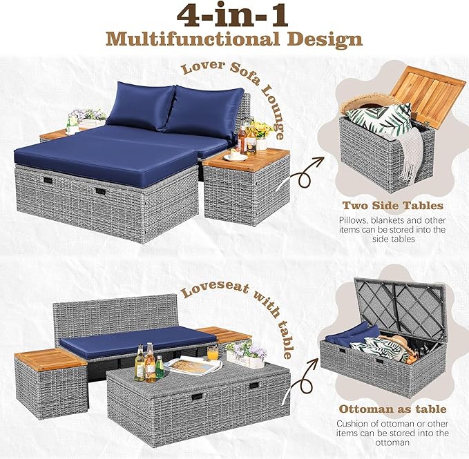 Flamaker Outdoor Rattan Lounge Chair with 2 Side Tables, Multifunctional Outdoor Patio Daybed with Footrest, Cushions, Storage Ottoman,Chaise Lounge Chair for Backyard Porch Poolside(Deep Blue)
