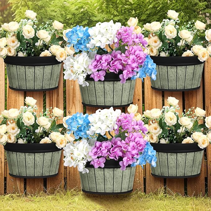 Layhit 6 Pcs Wall Hanging Planters Outdoor Pot Planter Wine Barrel Planter Distressed Oak Thickened Plastic Water Storage Flower Pots for Flower Indoor Outdoor(13.78 Inches,Grey Green)