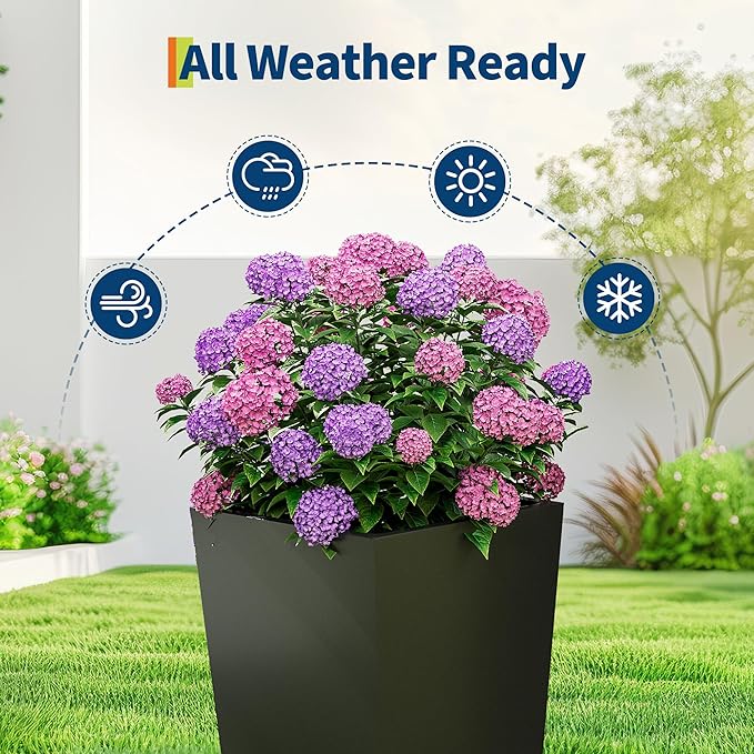 Garvee 22.5" Tall Planters Set of 2, Outdoor＆Indoor Black Planter Pots, High Front Porch Planter Pots with Drainage Holes＆Water Level Monitor＆Inner Bucket,Black