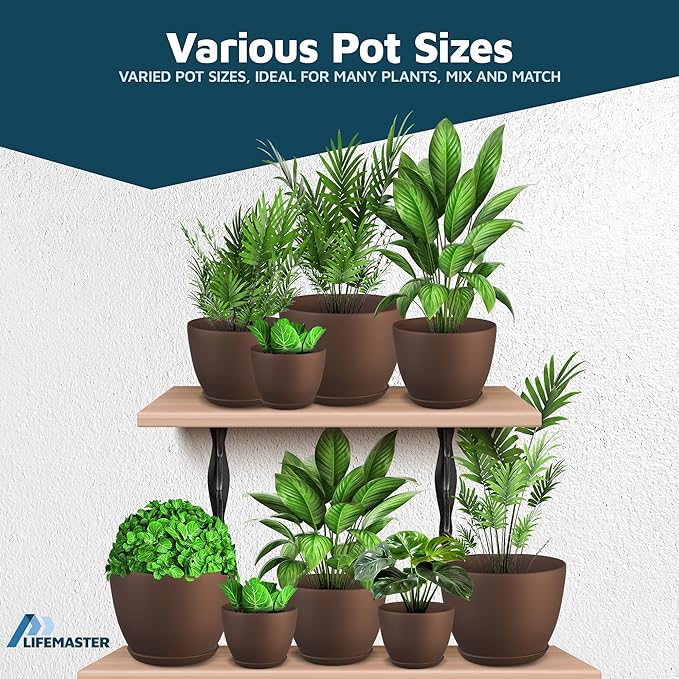 Brown Plant Pots with Drainage Holes & Saucers 3 Pack, Indoor & Outdoor Stackable Space-Saving Planters for Houseplants & Flowers, (7", 6.7", and 6" Inches), Durable & Weatherproof Materials