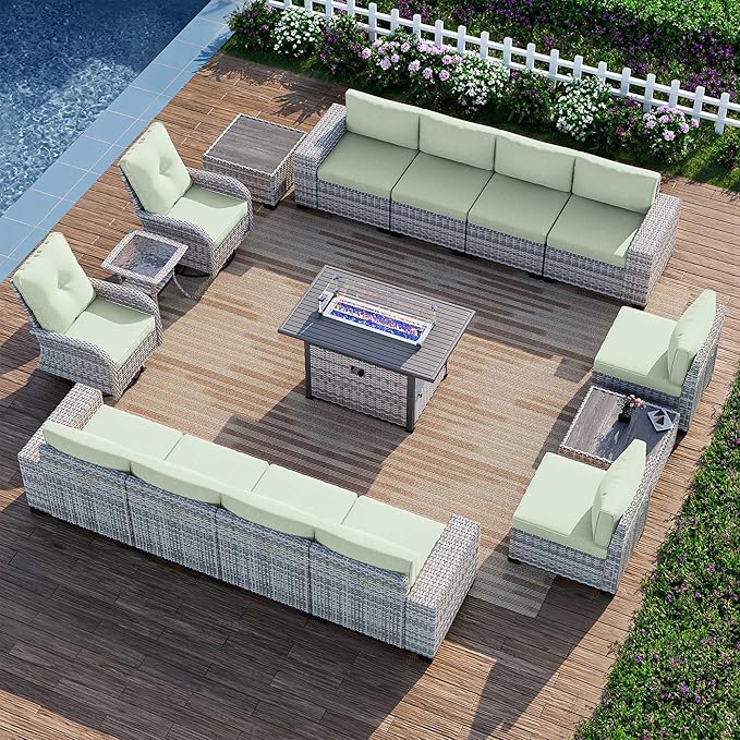 16-Piece Outdoor Patio Furniture Set with Rocking Swivel Chair, PE Wicker Rattan Sectional Sofa Patio Conversation Set with 55,000 BTU Fire Pit Table & Coffee Table, Light Green