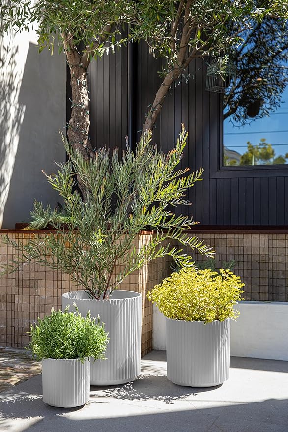 Veradek Demi Series Set of 3 Round Planters for Porch, Patio, Backyard | Durable Plastic-Concrete Material | Modern Décor for Tall Plants, Flower