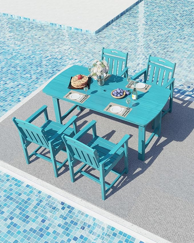 Ciokea HDPE Outdoor Dining Set, 5-Piece Patio Table and Chairs Set with Umbrella Hole, All-Weather Patio Dining Sets for 4, Durable Patio Furniture for Backyard, Garden, Lawn & Poolside, Lake Blue